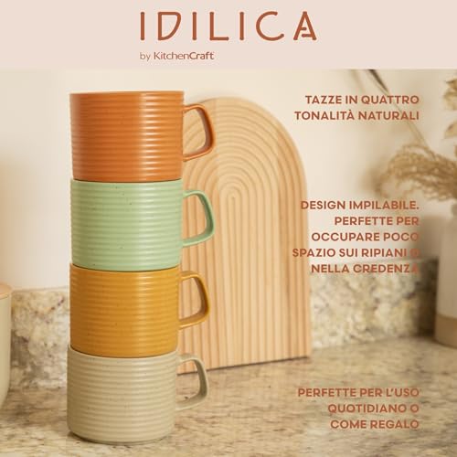 KitchenCraft Idilica Tazze impilabili in gres, set di quattro tazze da caffè impilabili, multicolore, capacità 4 ml, lavabili in lavastoviglie e in microonde - immagine 5