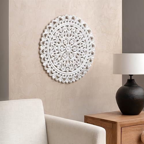 Image of JFY Designs Donna Hand Carved Wood Medallion Wall Panels Bedroom Decor | Wall Mount Floral Sculpture Wall Art for Living Room, Bedroom Set, White Distressed Finish, Round 24 x 24 inch