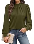 WIHOLL Blouses for Women Long Sleeve Tops Mock Neck Pleated Shirts Ladies Tops Business Loose Fit Size 14-16 Dark Green