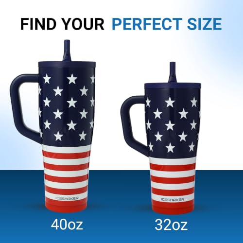 Image of Ice Shaker 40 oz Tumbler with Handle and Straw | 40oz Stars & Stripes | Cold for 30+ Hours | 2-in-1 Tumbler Shaker Bottle | Odor-Free 40 ounce Bottle for Water, Protein Shakes, Smoothies, Cocktails