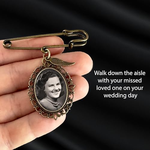 Image of Bronze Wedding Bouquet Photo Charm Pin Antique Gold Angel Wing Memorial Charm for Bride's Bouquet Add Your Own Picture