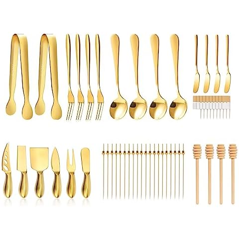 Gold Cheese Knife Set For Charcuterie Board Accessories, Stainless Steel Cheese Slicer And Butter Spreader knives Kit With Serving Tongs, Spoons, Forks, Flags Cheese Markers, Honey Dipper Cover
