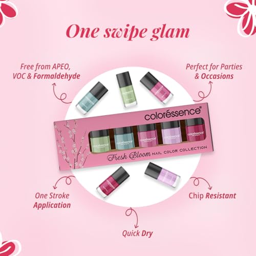 Image of Coloressence Fresh Bloom Nail Paint Kit, Set of 5 with FREE Nail Polish Remover | Glossy Finish | Quick Dry | Chip Resistant