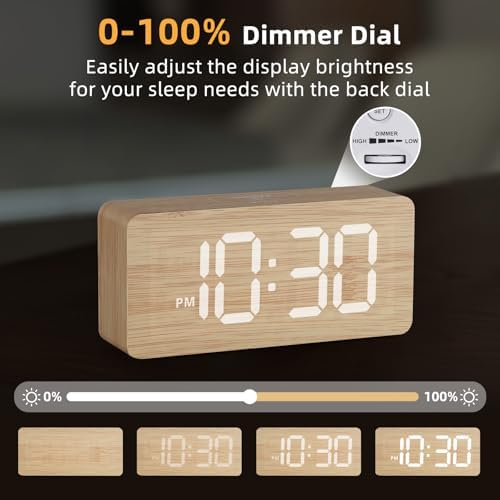 Wooden Digital Alarm Clocks for Bedrooms with 0-100% Dimmable Display — view 3