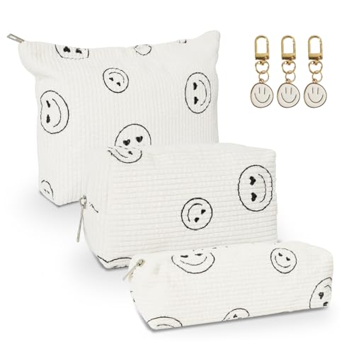 KATIMI Lot de 3 trousses de toilette de voyage pour femme - Grande et moyenne - Petite trousse de maquillage avec 3 pendentifs smiley - Trousse de toilette en...