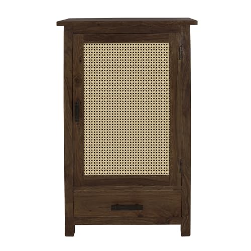 Image of The Attic Sheesham Mini Glazed Bookcase Walnut with Cane, Multipurpose for Living Room Bed Room Study, Solid Wood, Walnut Matte Finish