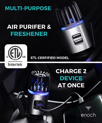 Image of Enoch Car Air Purifier Premium Air Ionizer - 12V Plug-In Ionic Ozone Deodorizer Accessory with Dual USB Car Charger - Eliminates Cigarette Smoke, Pet and Food Odors, Dust (Gray Silver)