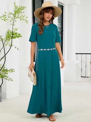 KORSIS Dresses for Women Short Sleeve Casual Summer Lake Blue M Long T-Shirt Maxi Dress Loose Beach Vacation Sundress with Pockets — view 3