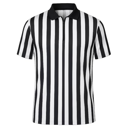 Nationwear Maillot d’Arbitre à Rayures pour Hommes & Femmes – T‑Shirt Classique Noir & Blanc avec Col et Demi‑Fermeture Éclair, Manches Courtes, Polyester Léger à Séchage Rapide