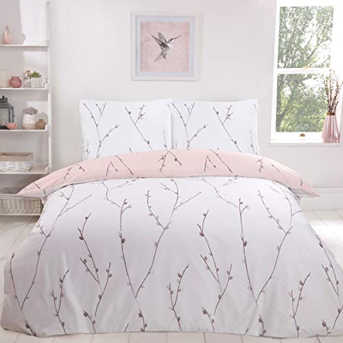 Sleepdown Willow Floral Blush Pink Ultra Suave Fácil Cuidado Hipoalergénico Impreso Blanco Reversible Edredón Juego de Ropa de Cama 155 cm x 220 cm + 2 Fundas de Almohada 80 cm x 80 cm