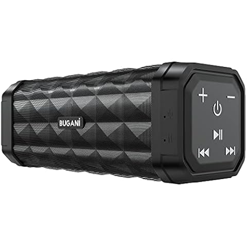 BUGANI Bluetooth Speaker Portable Wireless Speaker, 100ft Wireless Range, Louder Volume, Stereo Sound, Amazing Bass 24H Playtime, IPX5, Built-in Mic, Waterproof Speaker for Home, Outdoor, Black Cover