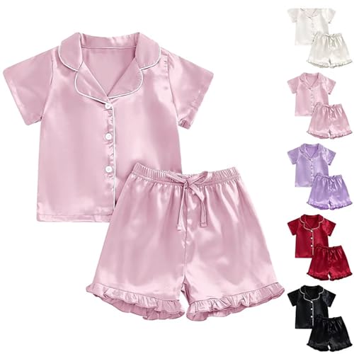 Girls Satin 𝐏ajamas 𝐒ilk 𝐏a𝐣ama Set Short Sleeve Button Down Shirts + Ruffle Hem Shorts Summer Outfits Loung𝐞wear3