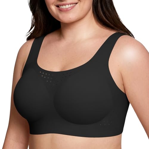 Easybunny Womens Plus Size Supportive Bras Full Coverage Wireless Minimizer Wider Strap Back Smoothing Comfort Shaper Bra Black 5XL