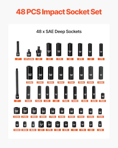 Image of VEVOR 3 /8 inch Drive Impact Socket Set, 48-Piece, Deep & Shallow Kit