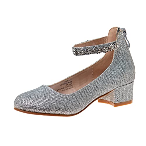 Badgley Mischka Girls Dress Block Medium Heel Party Pumps - Closed Toe Ankle Strap High Heels for Girl - Black/Silver/Champagne/Rose Gold (Sizes 11-13 Little Kid/Sizes 1-5 Big Kid)