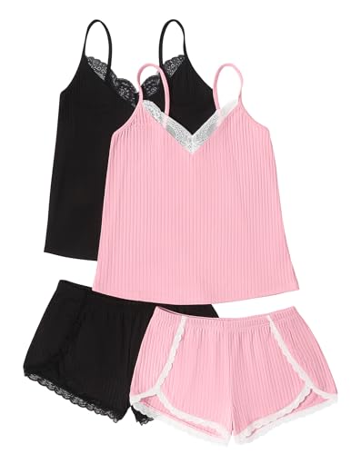 Image of Ekouaer Womens Pajama Sets Soft Cami Shorts Set 4 Piece Lingerie Sleepwear V Neck Pj Lace Nightwear