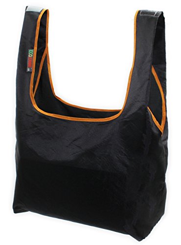 EcoJeannie 1 PK Ripstop Nylon Foldable Reusable Bag, Grocery Shopping Bag with Built-in Pouch, RB0005 (Black)