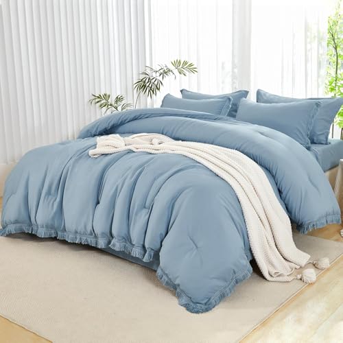 Image of Andency Oversized King Comforter Set with Sheets 120x120 Grayish Blue - 7 Pieces Boho Tassel Bed in a Bag Soft Lightweight Bedding Sets, Fringe Bed Set with Comforter, Sheets, Pillowcases & Shams