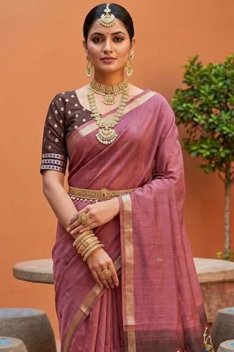 Image of SGF11 Women's Soft Cotton Linen Silk Saree With Unstitched Blouse Piece