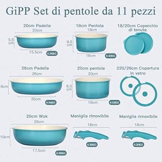 GiPP 11 Pezzi Set Di Padelle Con Rivestimento Ceramico Antiaderente, Set Di Padelle Con Manici Staccabili, Atossiche Compatibili Con Induzione, Forno E Lavastoviglie, Blu Gradiente