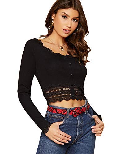 Verdusa Women's Contrast Lace Button Front Long Sleeve Crop Tee Black XL
