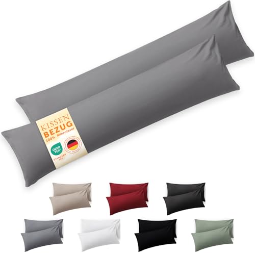 Blumtal Kissenbezug Seitenschläfer - 40 x 145cm 2 Stück - Oeko-TEX zert. Seitenschläfer Kissenbezüge mit umgeschlagenem Rand extra weich & waschmaschinenfest - Kopfkissen - Bezug Kissen Grau
