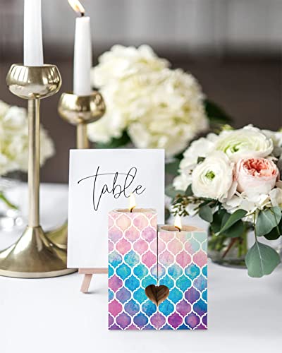 Moroccan Wooden Candle Holder, Birthday Gift Friendship Gifts For Women Friends, Candlestick Holders With 2 Tealights, Oriental Style Arabic Mosaic Pattern In Watercolor Paint Retro Style #TOP3