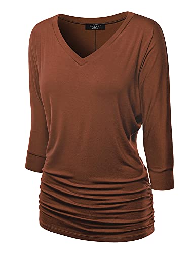 Made By Johnny MBJ WT1036 Womens V Neck 3/4 Sleeve Dolman Top with Side Shirring L Rust