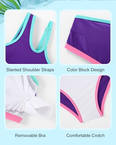 Image of Redair Girls Swimsuit Two Piece One Shoulder Bathing Suit with Chest Pad Color Block Bikini 7-16 Years