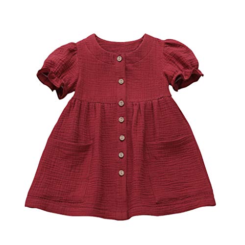 Girls Dress&Skirt,Toddler Kids Baby Girls Solid Linen Ruffled Princess Casual Dress Clothes,for Easter Day Child Clothes Gifts(Red,3-4 Year)