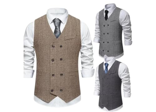 Men Solid Color Herringbone Double-Breasted Sleeveless Slim Fit Flat Pockets Suitable Wedding Vests2