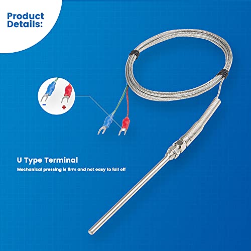 Cgele K-Type Thermocouple Temperature Sensors 0~600℃，2M/6.6Ft Wire Probe Length 100Mm Two Wire 100×5Mm Stainless Steel Probe Temperature Detector Temperature Gauge #TOP2