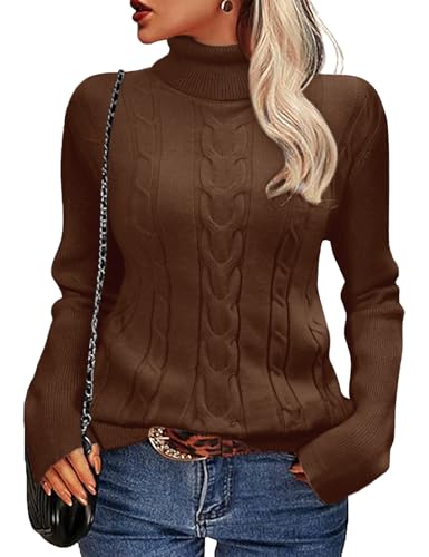 heekpek Pullover Damen Winter Rollkragenpullover Warm Elegant Strickpullover Schlanker Schnitt Winterpullover Grobstrick Weich Damenpullover Langarm, Kaffee, M