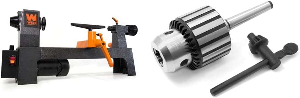 WEN LA3421 3.2-Amp 8-Inch by 13-Inch Variable Speed Mini Benchtop Wood Lathe, Black & WEN LA136K 1/2-Inch Keyed Drill Chuck with MT1 Arbor Taper