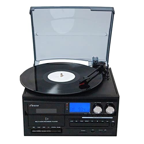 Victor-VWRP-4200-Cosmopolitan-8-in-1-Turntable-Music-Center-with-3-Speed-Record-Player-CDMP3Cassette-Player-AMFM-Radio-Dual-Bluetooth-in-Out-USB-Playback-Recording