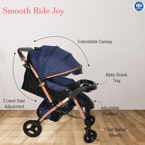 Image of Safe-O-Kid Breez Baby Rubber Wheel Stroller /Pram with 1 Year Warranty (Model - 2024) for New Born /Toddler /Kid for 0 to 3 Years Travel Friendly, 5 Point Safety Harness - Blue