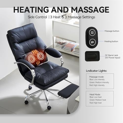 Image of LEAGOO Massage Office Chair with Foot Rest Home Office Heated Desk Chair | High Back Work Chair PU Leather Computer Chair with Lumbar Support Ergonomic Reclining Executive Chair for Home Office, Black