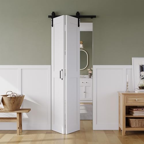Bifold Barn Door 28" x 84", MDF Bi-Fold Sliding Closet Doors with Hardware Kit Included, Pre-Finished Easy Assembly, Water-Proof PVC Surface & Save Space, H-Frame, 32" Track for 2 Doors,White
