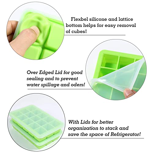 LessMo 2 Pack Ice Cube Tray, Silicone Square Ice Cube Molds with Non-Spill Lids, Space-Saving and Stackable Ice Cube, LFGB Certified and BPA-Free Best for Freezer, Baby Food, Water, Whiskey