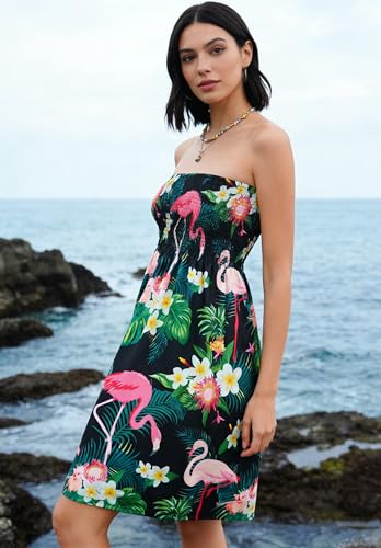 Image of Zyyfly Tube Top Dress Women Summer Beach Coverup Stretch Smocked Strapless Dress