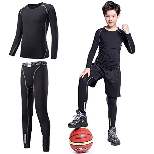 2/3/4 Pcs Boys Girls Base Layer Athletic Compression Leggings and Shirts Thermal Underwear Set Running Pants Tights2