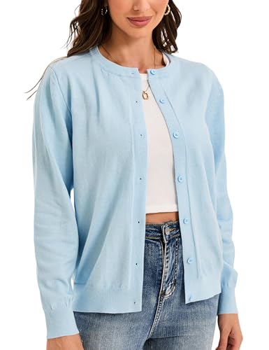 Image of Womens Cardigan Sweaters Basic Button Down Casual Dressy Classic Crewneck Long Sleeve Spring Outfits (S-2XL)