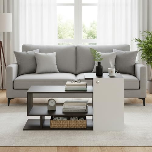 Image of FURNEASER Hanoi Modern Engineered Wood Coffee Table with Door & Storage Shelves | Center Table for Living Room & Sofa Area | Multi Level Open Rack Design | DIY Furniture (Wenge & White)