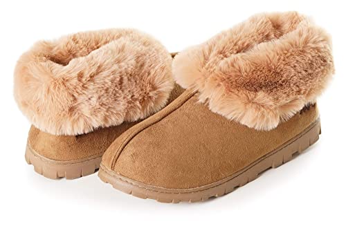 Europeansoftest Women's Micro Suede Faux Fur Fleece Lined Cozy 80-D High-Density Memory Foam Slipper Bootie Breathable House Shoes With Non Skid Indoor Outdoor Sole Camel #TOP2