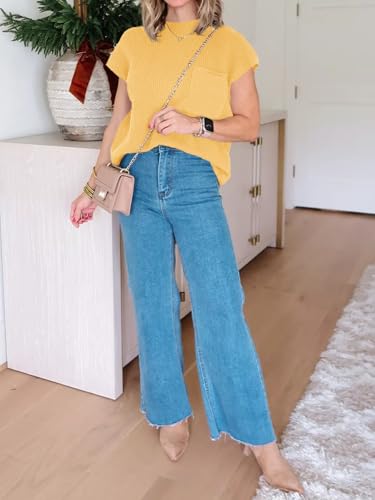 Image of Imily Bela Summer Fall Short Sleeve Sweater for Women | 2026 Crew Neck Ribbed Knit Vests Trendy Pullover Tops，Sweater Tank Tops，Sweater Vest