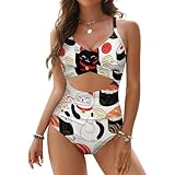 Women's One Piece Swimsuits Tummy Control Front Cross Bathing Suits Tie Back Slimming V Neck Swimwear (Japanese Sushi and Lucky Cat)