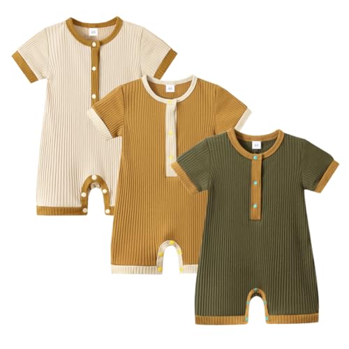 Image of Bafeicao Baby Boy Girl 2/3 Pack Solid Romper Ribbed Short/Long Sleeve Bodysuit Jumpsuit Infant Knitted Outfits Clothes