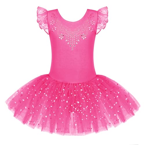 Zaclotre Kid Girls Ruffle Sleeve Ballet Skirted Leotard Shiny Dance Tutu Dresses Hot Pink