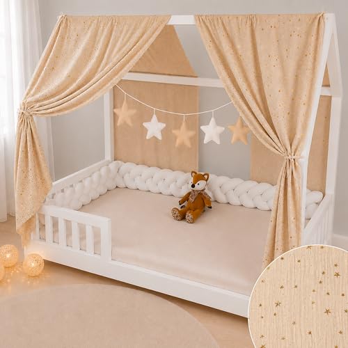 YellowNest Toile de Lit Cabane (2 Pièces) - Ciels de Lit Cabane 80x160-90x190-140x200 cm - 100% Coton Mousseline - sans Guirlande (Beige, 130 x 320 cm (Set de...