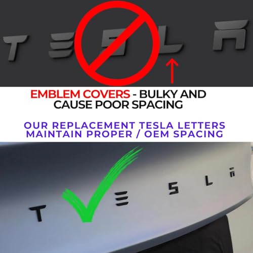 Image of Metal Tesla Letters Emblem Trunk Logo Decal Tailgate Rear 3m Adhesive Compatible with Tesla Model 3 Y Highland Juniper Chrome Matte Black Red Glossy Black (Matte Black)